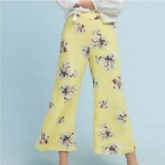 Anthropologie Feather Bone Talese Yellow Floral Cropped Flares Size 4 - Picture 3 of 12